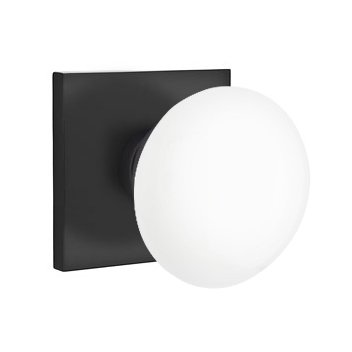 Emtek Privacy Ice White Porcelain Knob With Modern Square Rosette in Flat Black