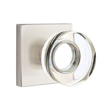 Emtek Modern Disc Glass Privacy Door Knob and Square Rose with Concealed Screws in Satin Nickel
