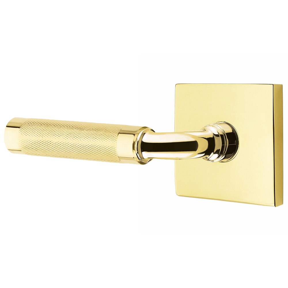 Emtek Privacy Knurled Left Handed Lever with R-Bar Stem and Square Rose in Unlacquered Brass