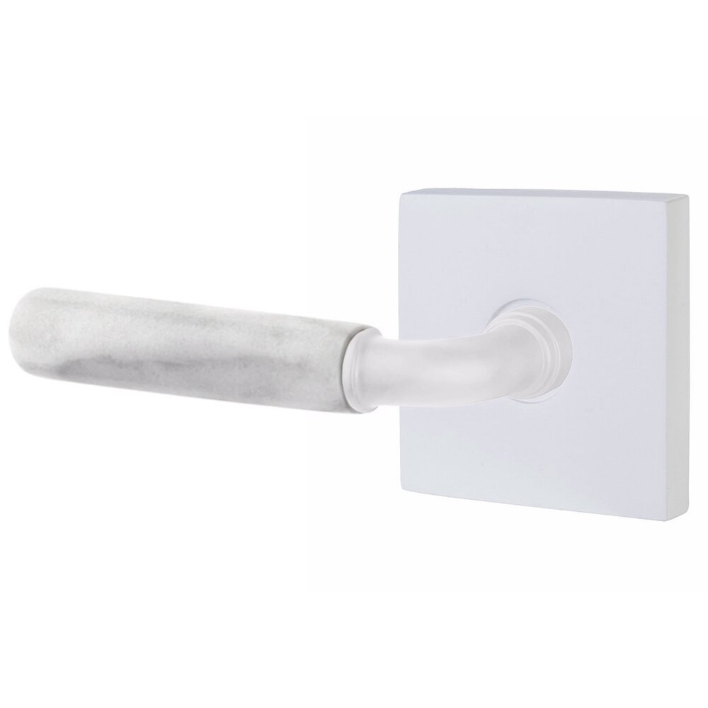 Emtek Privacy White Marble Left Handed Lever with R-Bar Stem and Square Rose in Matte White