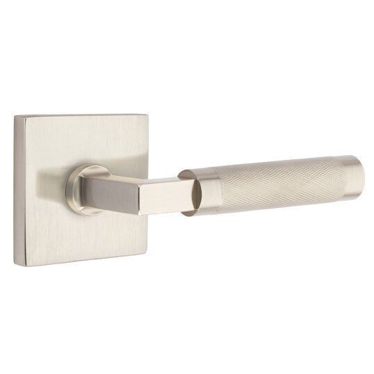 Emtek Privacy Knurled Right Handed Lever with L-Square Stem and Square Rose in Satin Nickel