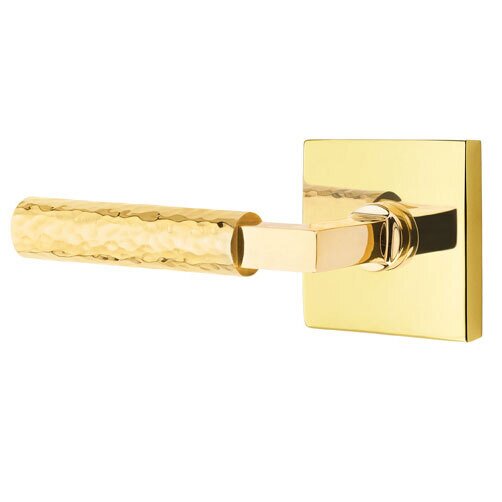 Emtek Privacy Hammered Left Handed Lever with L-Square Stem and Square Rose in Unlacquered Brass