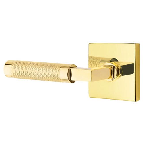 Emtek Privacy Knurled Left Handed Lever with L-Square Stem and Square Rose in Unlacquered Brass
