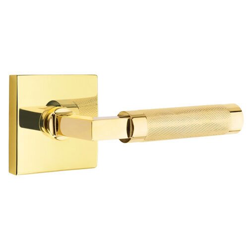 Emtek Privacy Knurled Right Handed Lever with L-Square Stem and Square Rose in Unlacquered Brass