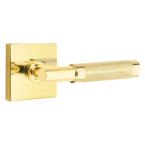 Emtek Privacy Knurled Right Handed Lever with T-Bar Stem and Square Rose in Unlacquered Brass