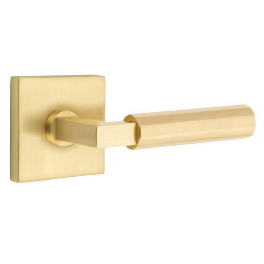 Emtek Privacy Faceted Right Handed Lever with L-Square Stem and Square Rose in Satin Brass