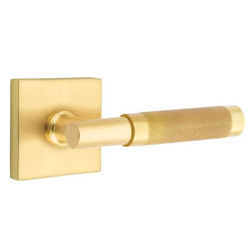Emtek Privacy Knurled Right Handed Lever with T-Bar Stem and Square Rose in Satin Brass