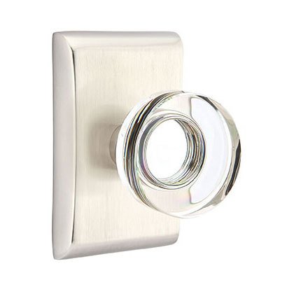 Emtek Modern Disc Glass Privacy Door Knob and Neos Rose with Concealed Screws in Satin Nickel