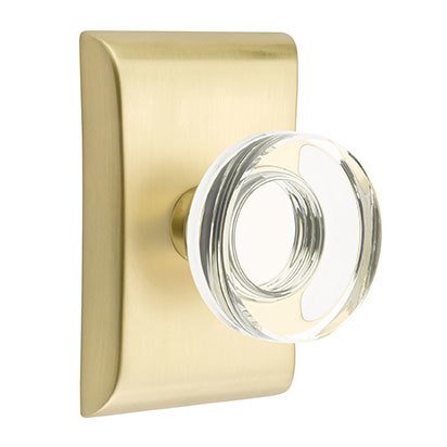 Emtek Modern Disc Glass Privacy Door Knob and Neos Rose with Concealed Screws in Satin Brass