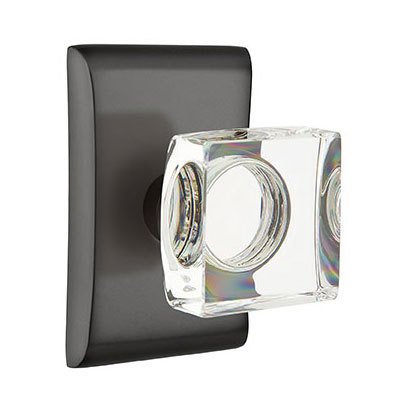 Emtek Modern Square Glass Privacy Door Knob with Neos Rose in Flat Black