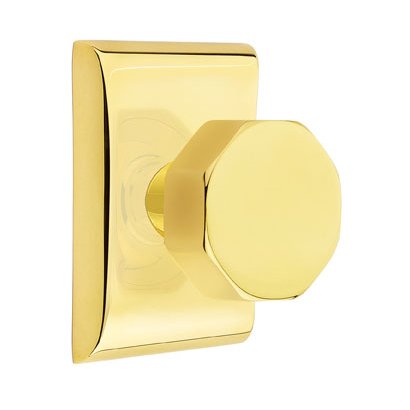 Emtek Privacy Octagon Door Knob With Neos Rose in Unlacquered Brass