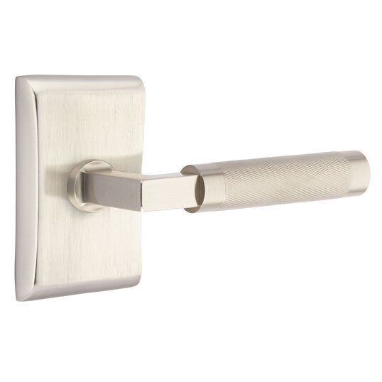Emtek Privacy Knurled Right Handed Lever with L-Square Stem and Neos Rose in Satin Nickel