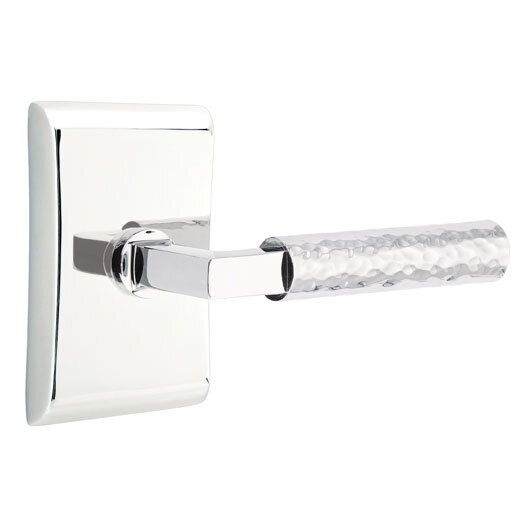 Emtek Privacy Hammered Right Handed Lever with L-Square Stem and Neos Rose in Polished Chrome