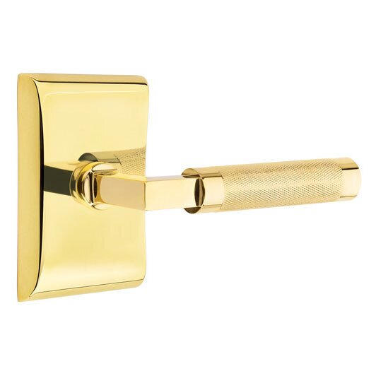 Emtek Privacy Knurled Right Handed Lever with L-Square Stem and Neos Rose in Unlacquered Brass