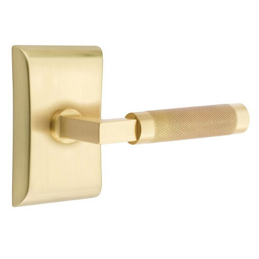Emtek Privacy Knurled Right Handed Lever with L-Square Stem and Neos Rose in Satin Brass