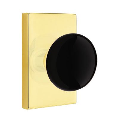Emtek Privacy Ebony Knob And Modern Rectangular Rosette With Concealed Screws in Unlacquered Brass