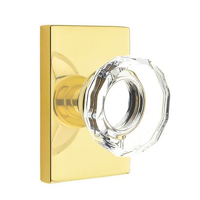 Emtek Lowell Privacy Door Knob and Modern Rectangular Rose with Concealed Screws in Unlacquered Brass