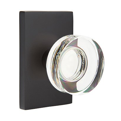 Emtek Modern Disc Glass Privacy Door Knob and Modern Rectangular Rose with Concealed Screws in Flat Black