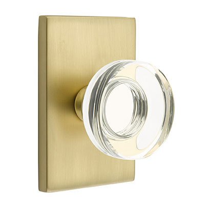 Emtek Modern Disc Glass Privacy Door Knob and Modern Rectangular Rose with Concealed Screws in Satin Brass