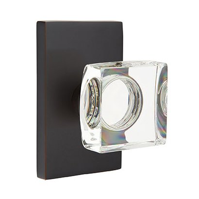 Emtek Modern Square Glass Privacy Door Knob and Modern Rectangular Rose with Concealed Screws in Oil Rubbed Bronze