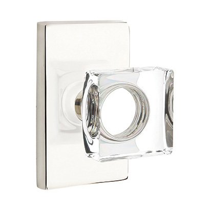 Emtek Modern Square Glass Privacy Door Knob and Modern Rectangular Rose with Concealed Screws in Polished Nickel