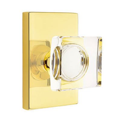 Emtek Modern Square Glass Privacy Door Knob and Modern Rectangular Rose with Concealed Screws in Unlacquered Brass