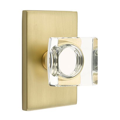 Emtek Modern Square Glass Privacy Door Knob and Modern Rectangular Rose with Concealed Screws in Satin Brass