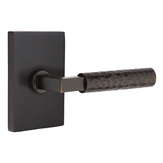 Emtek Privacy Hammered Right Handed Lever with L-Square Stem and Modern Rectangular Rose in Oil Rubbed Bronze