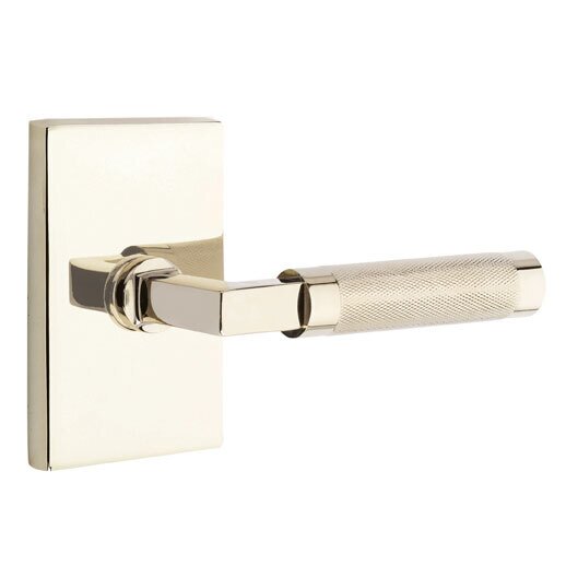 Emtek Privacy Knurled Right Handed Lever with L-Square Stem and Modern Rectangular Rose in Polished Nickel