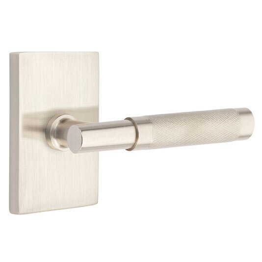 Emtek Privacy Knurled Right Handed Lever with T-Bar Stem and Modern Rectangular Rose in Satin Nickel