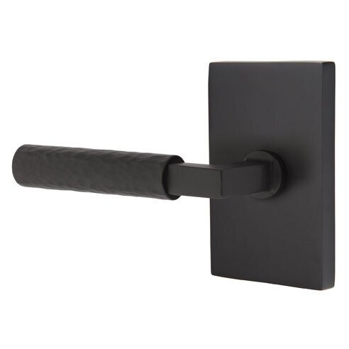 Emtek Privacy Hammered Left Handed Lever with L-Square Stem and Modern Rectangular Rose in Flat Black
