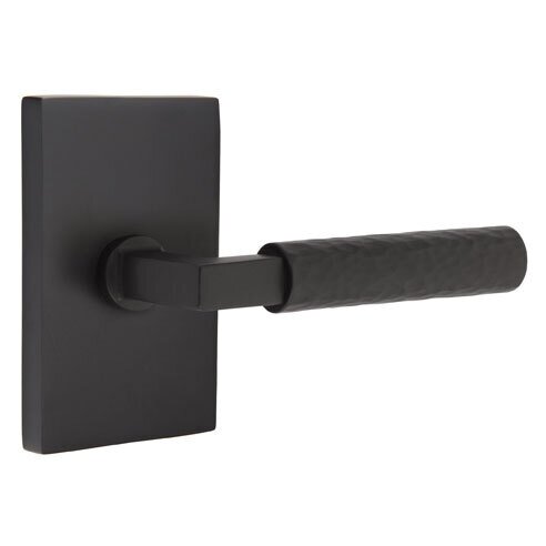 Emtek Privacy Hammered Right Handed Lever with L-Square Stem and Modern Rectangular Rose in Flat Black