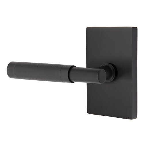 Emtek Privacy Knurled Left Handed Lever with T-Bar Stem and Modern Rectangular Rose in Flat Black