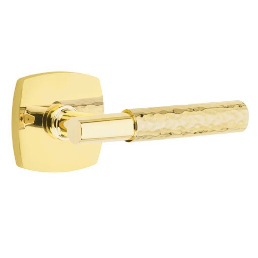 Emtek Passage Hammered Right Handed Lever with T-Bar Stem and Urban Modern Rose in Unlacquered Brass