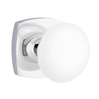 Emtek Privacy Ice White Porcelain Knob And Urban Modern Rosette With Concealed Screws in Polished Chrome