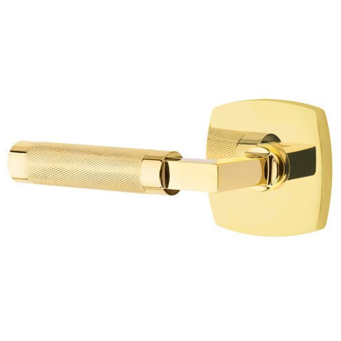 Emtek Privacy Knurled Left Handed Lever with L-Square Stem and Urban Modern Rose in Unlacquered Brass