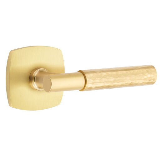 Emtek Privacy Hammered Right Handed Lever with T-Bar Stem and Urban Modern Rose in Satin Brass