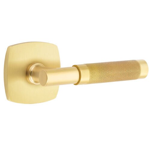 Emtek Privacy Knurled Right Handed Lever with T-Bar Stem and Urban Modern Rose in Satin Brass