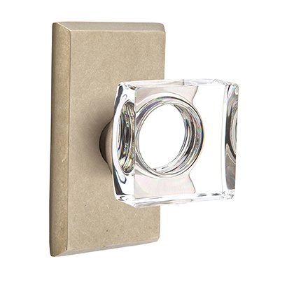 Emtek Modern Square Glass Double Dummy Door Knob with #3 Rose in Tumbled White Bronze