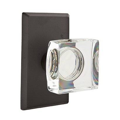 Emtek Modern Square Glass Passage Door Knob and #3 Rose with Concealed Screws in Flat Black Bronze