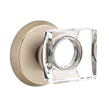 Emtek Modern Square Glass Passage Door Knob and #2 Rose with Concealed Screws in Tumbled White Bronze