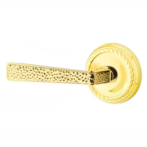 Emtek Left Handed Double Dummy Hammered Door Lever with Rope Rose in Unlacquered Brass