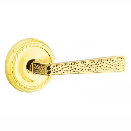 Emtek Right Handed Double Dummy Hammered Door Lever with Rope Rose in Unlacquered Brass