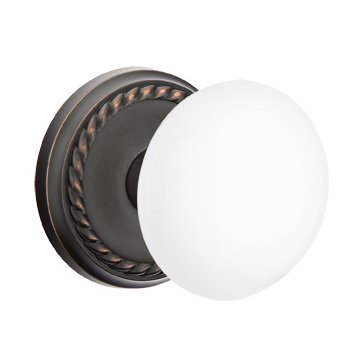 Emtek Double Dummy Ice White Porcelain Knob With Rope Rosette  in Oil Rubbed Bronze