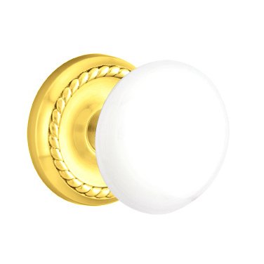 Emtek Double Dummy Ice White Porcelain Knob With Rope Rosette  in Polished Brass