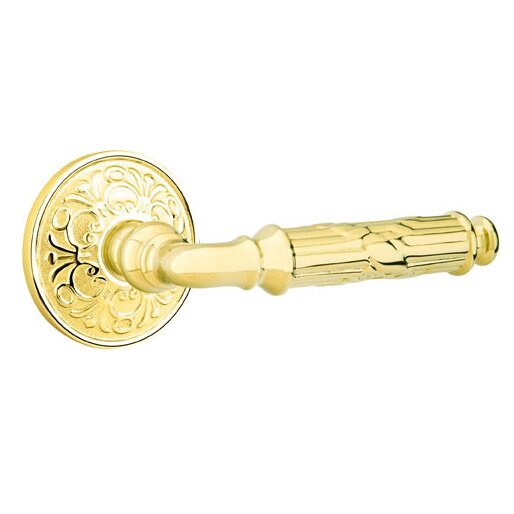 Emtek Single Dummy Right Handed Ribbon & Reed Lever With Lancaster Rose in Unlacquered Brass