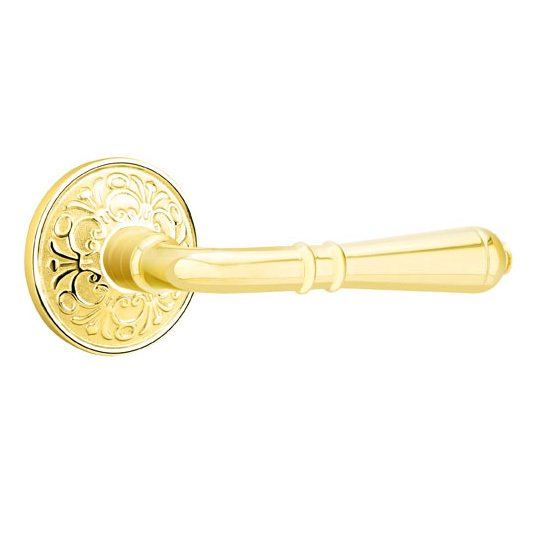 Emtek Single Dummy Right Handed Turino Door Lever With Lancaster Rose in Unlacquered Brass