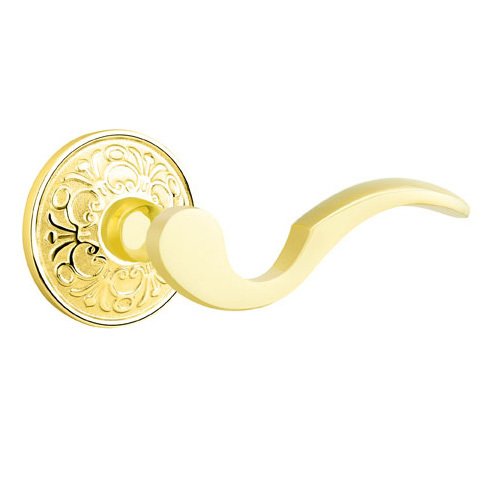 Emtek Double Dummy Right Handed Cortina Door Lever With Lancaster Rose in Polished Brass