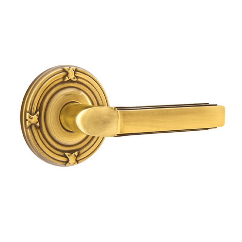 Emtek Single Dummy Right Handed Milano Door Lever With Ribbon & Reed Rose in French Antique Brass