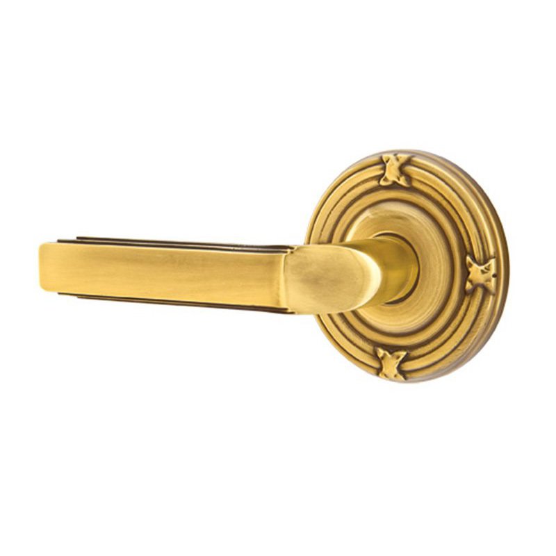 Emtek Double Dummy Left Handed Milano Door Lever With Ribbon & Reed Rose in French Antique Brass